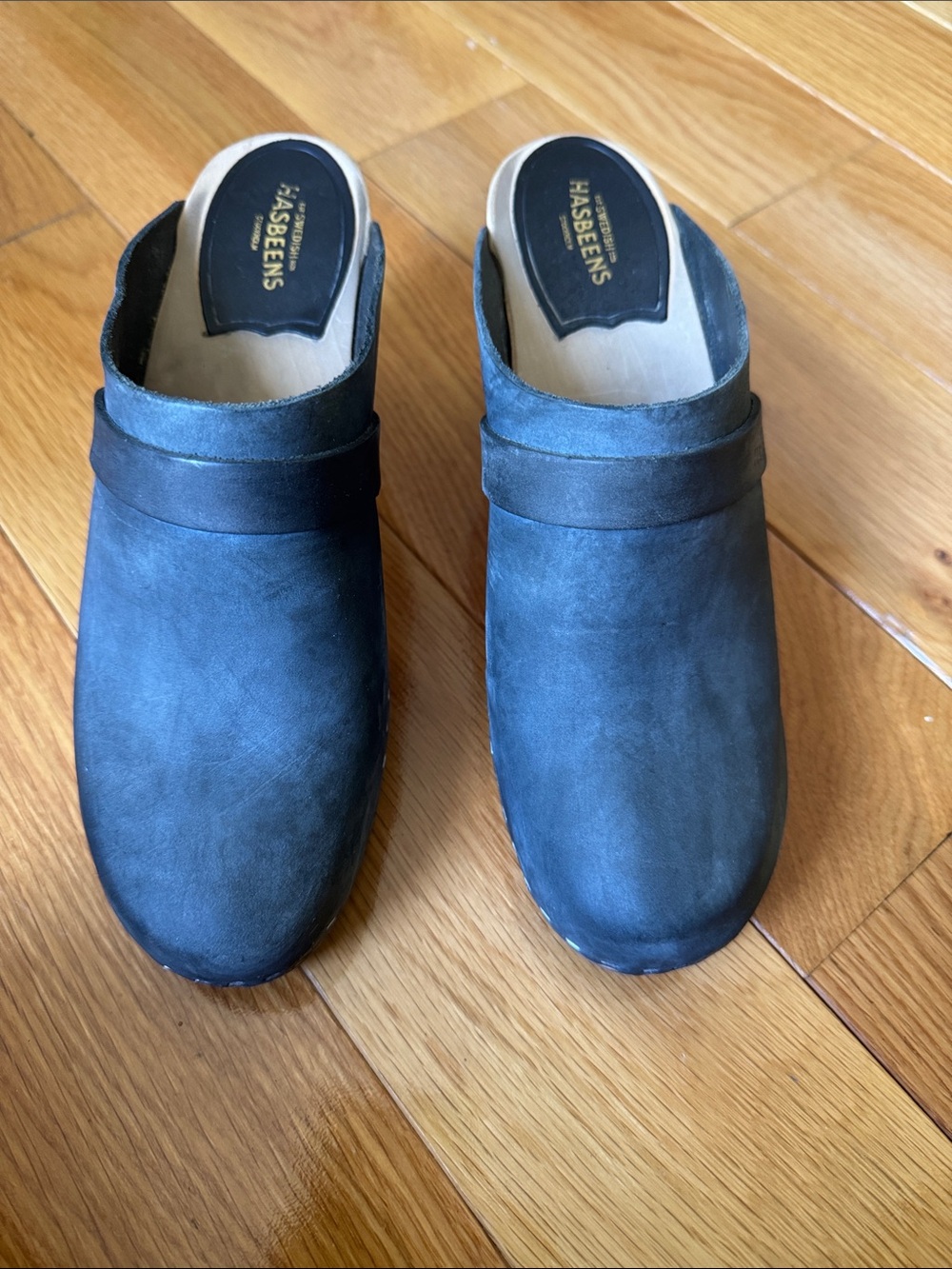 Swedish Hasbeens Leather Wood Clogs size 40